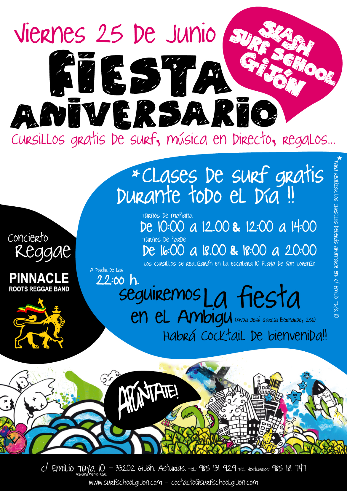 cartel fiesta aniversaio de la escuela de surf