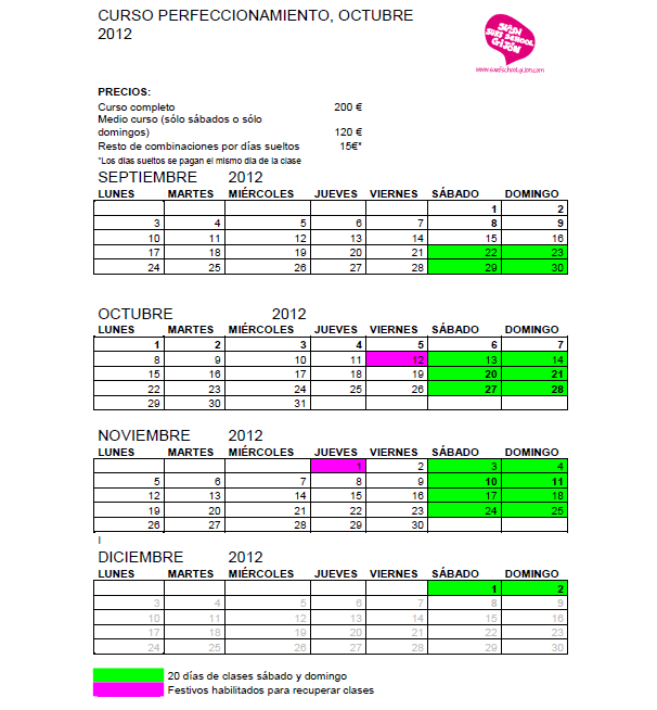 Calendario de los cursos de surf de otoño