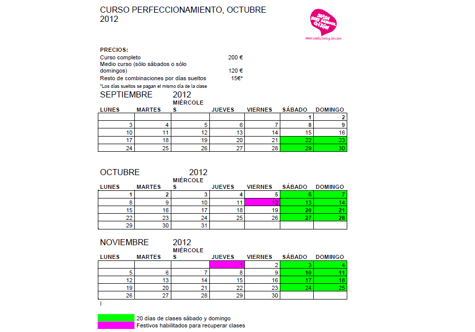 Calendario: Cursos de surf de otoño 2012