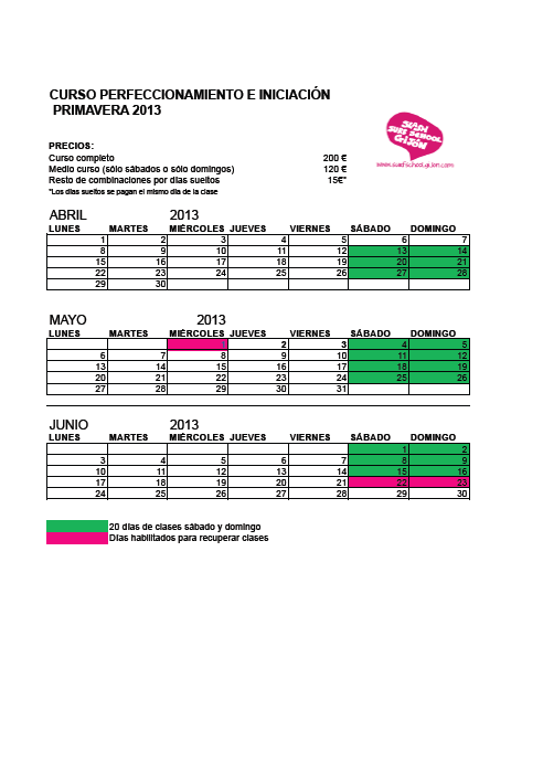 CALENDARIO CURSOS DE PERFECCIONAMIENTO DE PRIMAVERA.